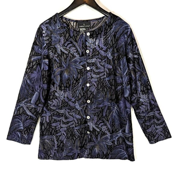 Carole Little BURNOUT VELVET Cardigan Large Semi Sheer Lace Top Midnight Floral - Picture 1 of 8